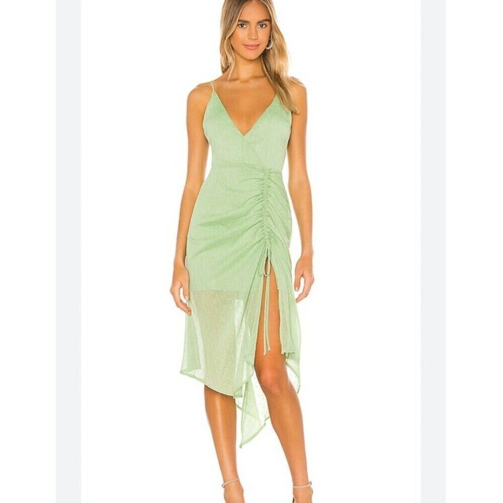NBD Sage Green Clip Dot Ruched Asymmetrical Midi Dress XS Metallic Pinstripe